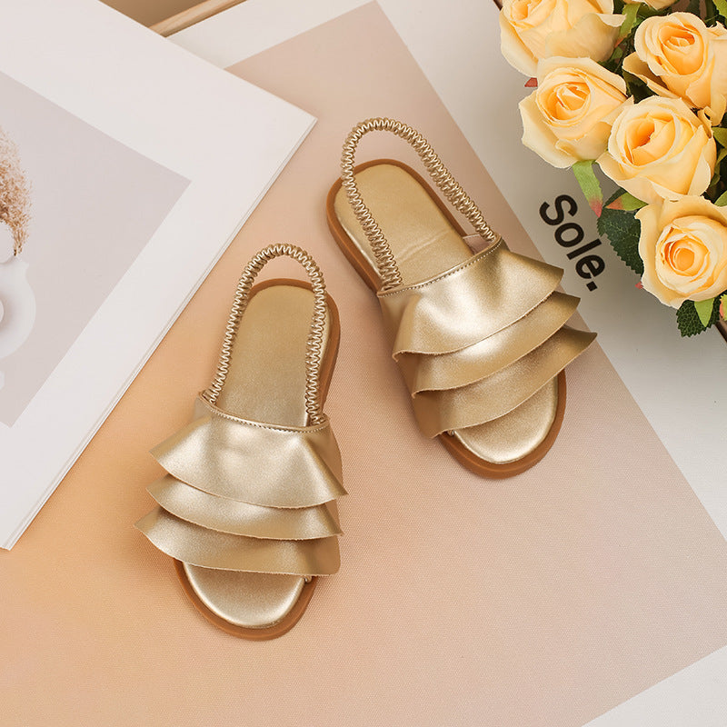 New Floral Ruffle Lace Girls Sandals for Export Gold Elastic Strap Beach Sandals Pleated Slip-On Princess Shoes