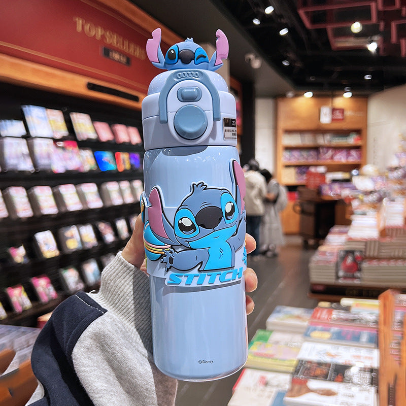 Nick Kidsren's Double-Drink Thermos Cup for Girls 316 Stainless Steel Portable Straw Cup for Primary School Students to Go to School Anti-Fall Water Kettle