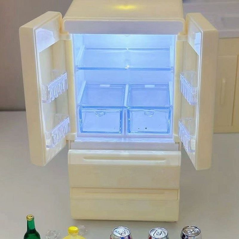 New Model of Dollhouse Dollhouse Double-Door Refrigerator with Lights 1:12 Miniature Food Toy Mini Model Scene