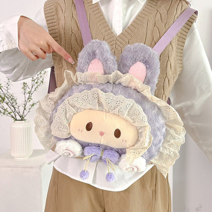 Pink Bunny Big-Face Plush Backpack, Cute Sweet Lace “Girl Heart” JK Style Oversized Head Backpack, Sweetheart Schoolbag Gift
