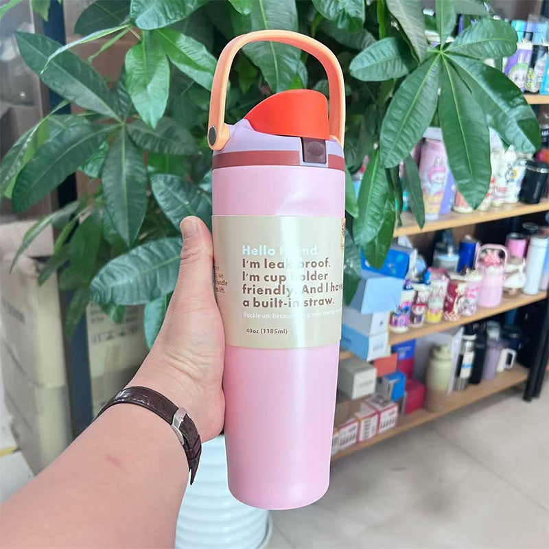 Cross-Border Fruit Cup Owala Style Thermos Cup Large Capacity Double-Layer Vacuum Sports Water Bottle Outdoor Handle Water Bottle