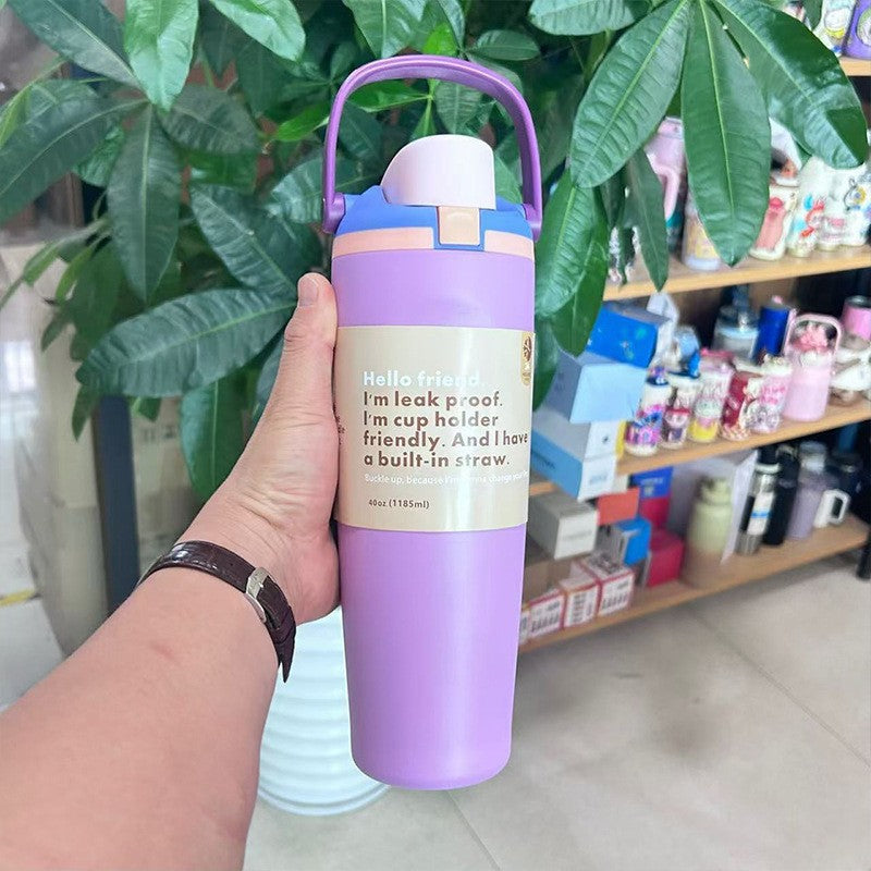Cross-Border Fruit Cup Owala Style Thermos Cup Large Capacity Double-Layer Vacuum Sports Water Bottle Outdoor Handle Water Bottle