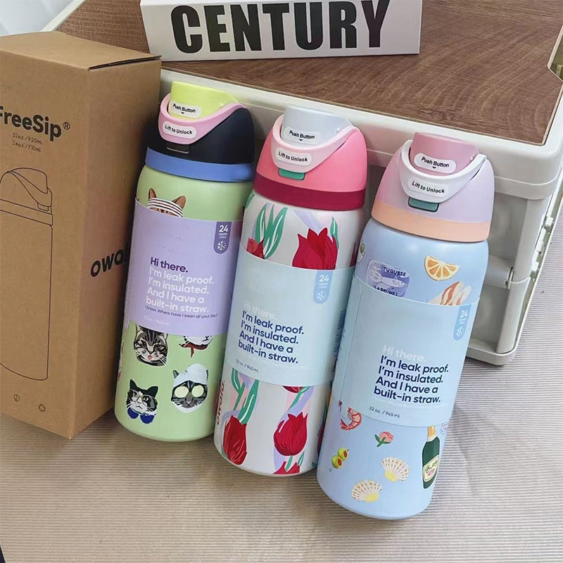 Cross-Border Fruit Cup Owala Style Thermos Cup Large Capacity Double-Layer Vacuum Sports Water Bottle Outdoor Handle Water Bottle