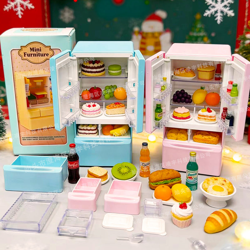 Mini Scene Playset Toy Dollhouse Double-Door Refrigerator Miniature for Pretend Play, Realistic Model