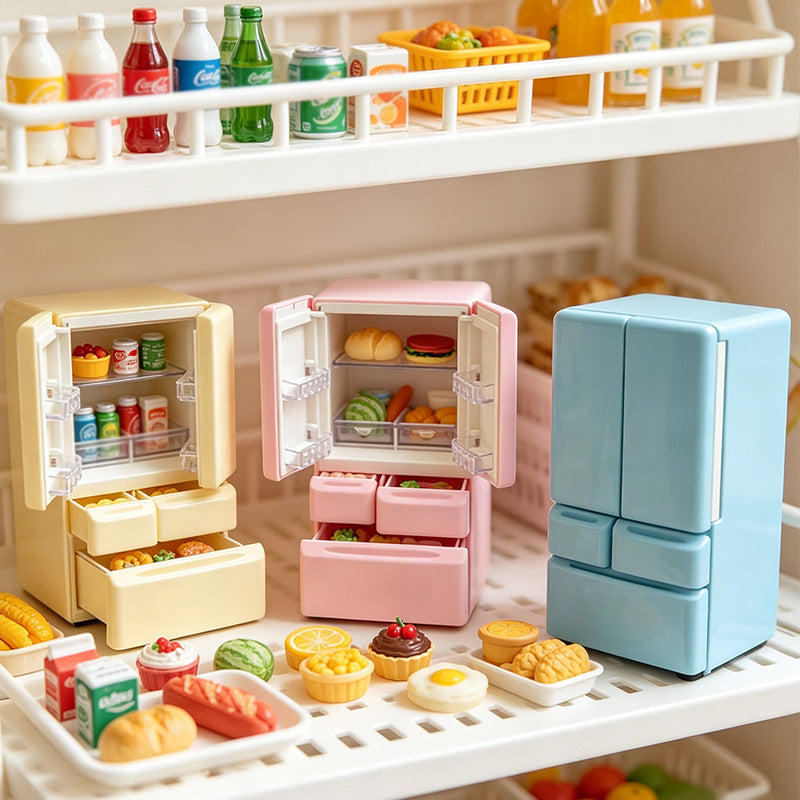 Mini Scene Playset Toy Dollhouse Double-Door Refrigerator Miniature for Pretend Play, Realistic Model