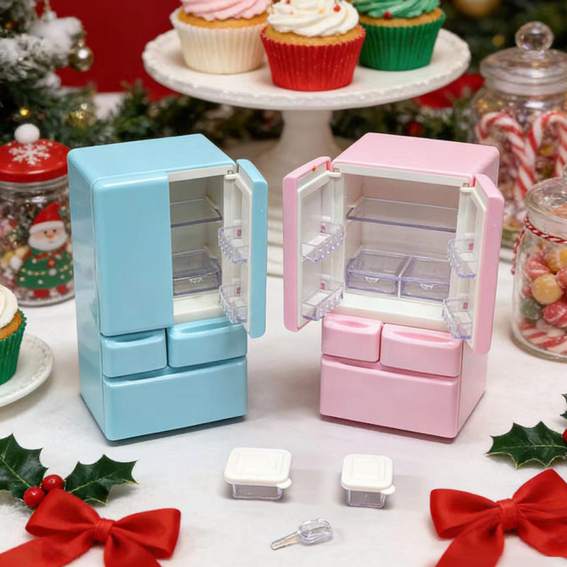 Mini Scene Playset Toy Dollhouse Double-Door Refrigerator Miniature for Pretend Play, Realistic Model