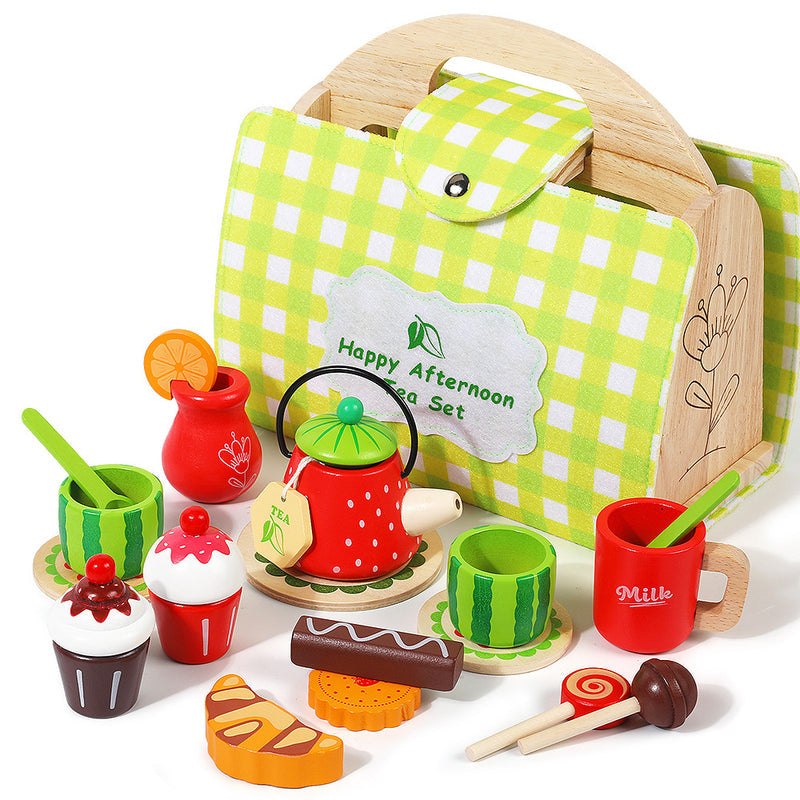 Kids Pretend Play Tea Set & Dessert Set, Role-Play Wooden Toys for Preschool Kindergarten, Imaginative Housekeeping Pretend Play