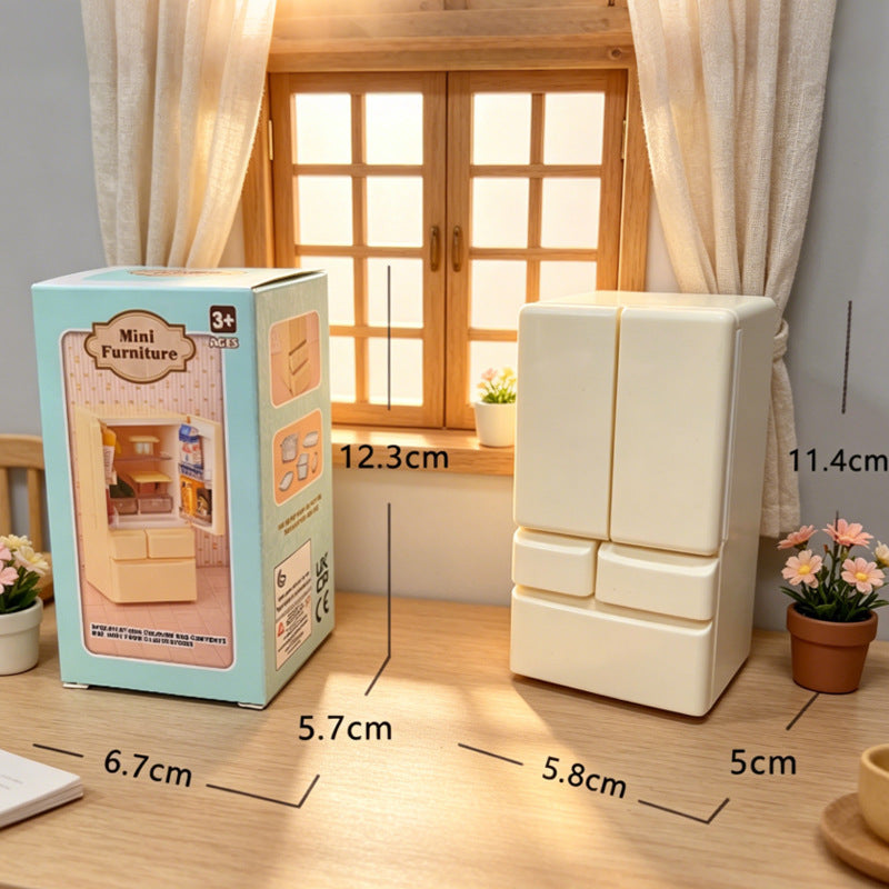 Mini Scene Playset Toy Dollhouse Double-Door Refrigerator Miniature for Pretend Play, Realistic Model