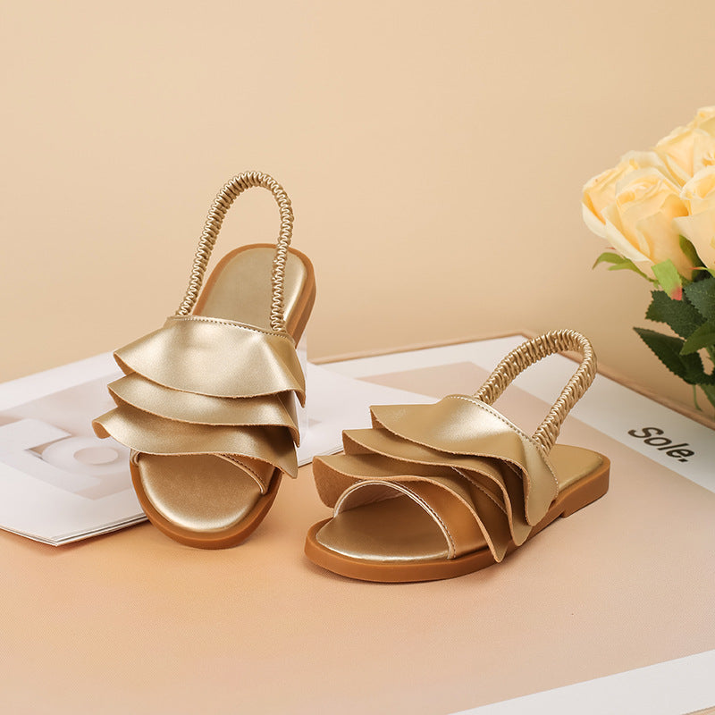 New Floral Ruffle Lace Girls Sandals for Export Gold Elastic Strap Beach Sandals Pleated Slip-On Princess Shoes