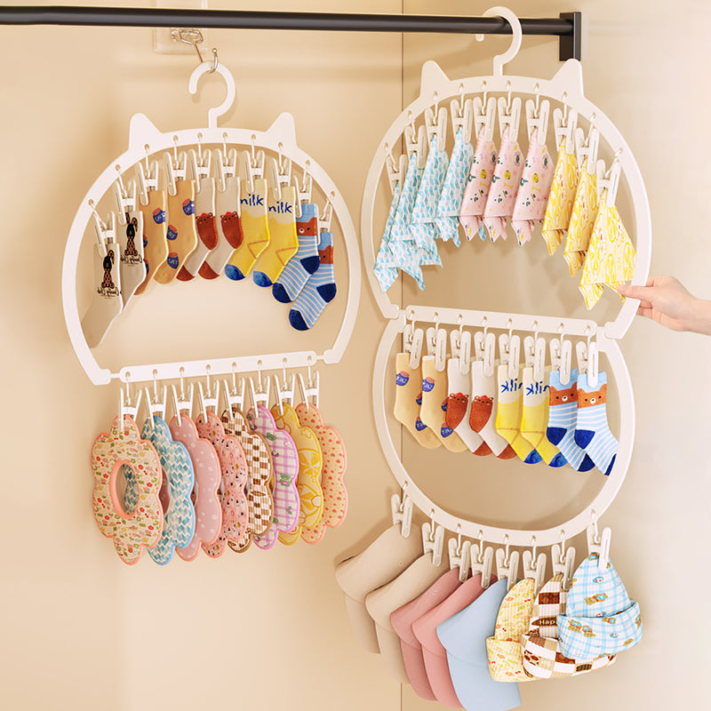 Cute Cat Ear Kidsren's Clothes Hanger with Multiple Clips, Large Capacity, Space-Saving, Special Drying Sock Clip for Newborn Babies