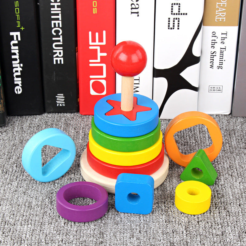 TikTok Same Wooden Rainbow Tower Set Stacked Music Building Blocks Children's Educational Shape Matching Set Tower Toy