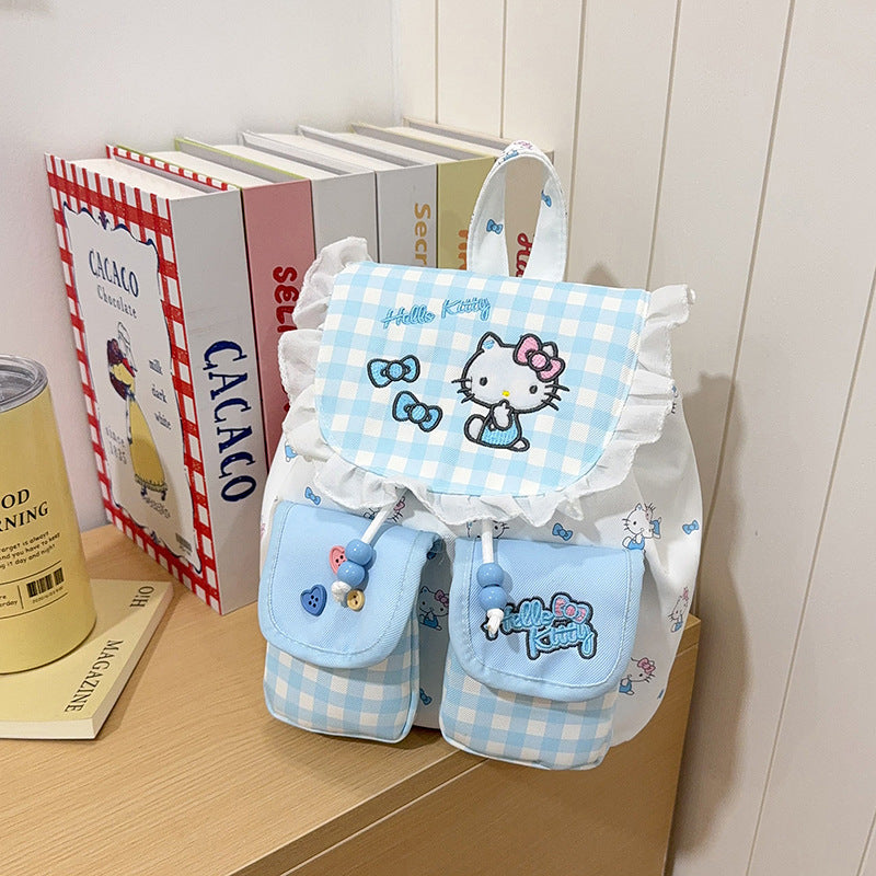 2026 New Water-Based Lace Double-Strap Backpack, Sweet Girly Cartoon Kawaii Light-Clean Blue Gingham Kitty Cat Backpack