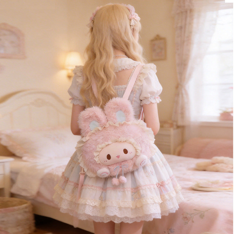 Pink Bunny Big-Face Plush Backpack, Cute Sweet Lace “Girl Heart” JK Style Oversized Head Backpack, Sweetheart Schoolbag Gift