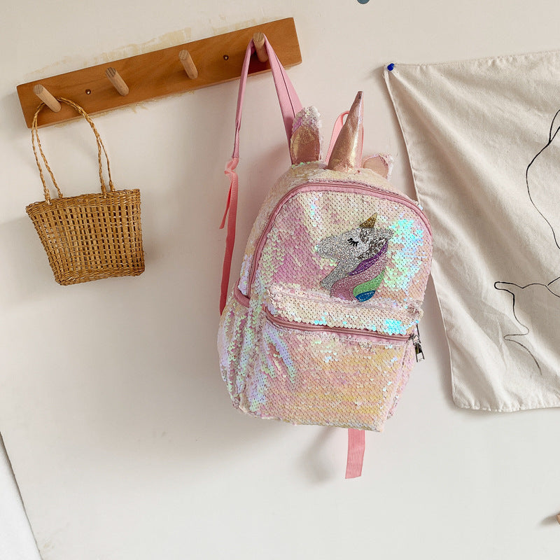 New Cross-Border Fashion Kids Sequin Backpack Pink Lightweight Cute Cartoon Mini Bag Custom Logo Compatible All-Match