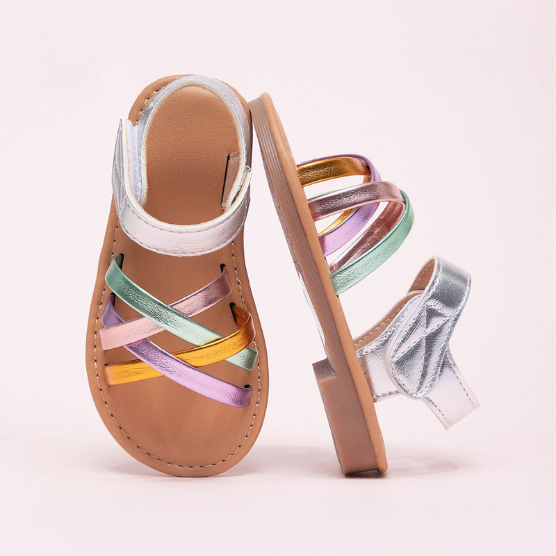 2026 Summer New Style French-Style Magic Tape Colorful Girls' Flat Princess Sandals with Soft Soles, Versatile Open-Toe Beach Sandals