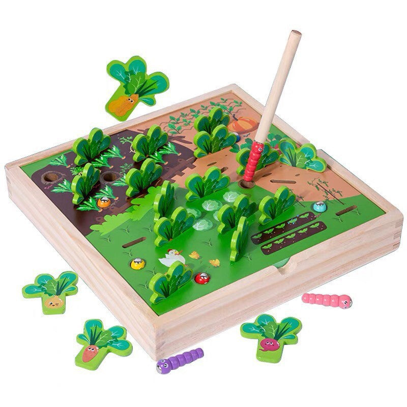 Children's simulation fishing insect-catching and radish-pulling multifunctional desktop game puzzle early education parent-child interactive wooden toy