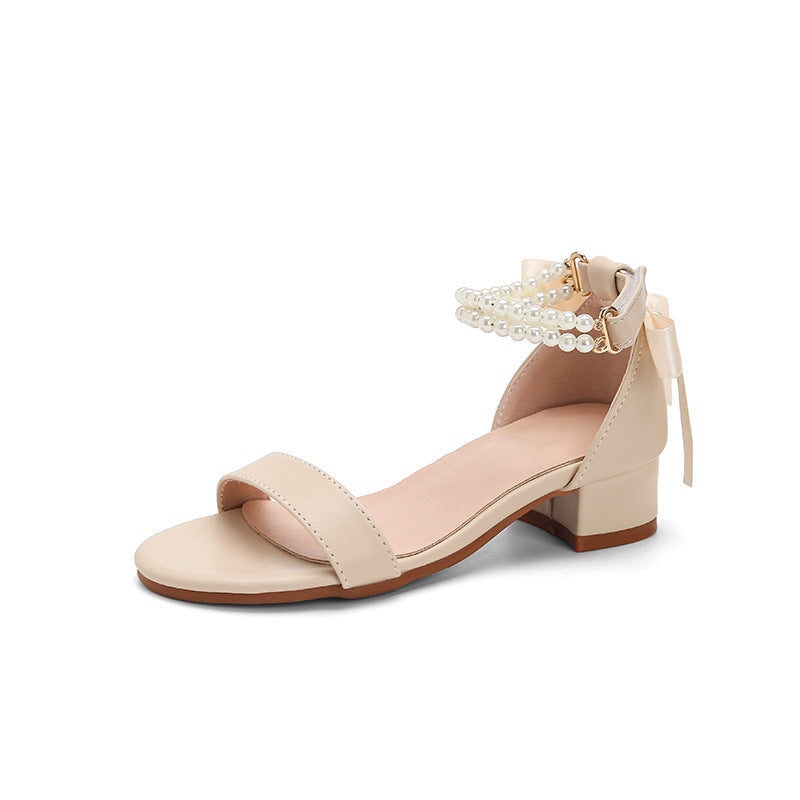 Cross-Border Exclusive 2026 New Style Elegant High-Heel Sandals for Girls, One-Strap Design with Pearl Butterfly Bow Decoration