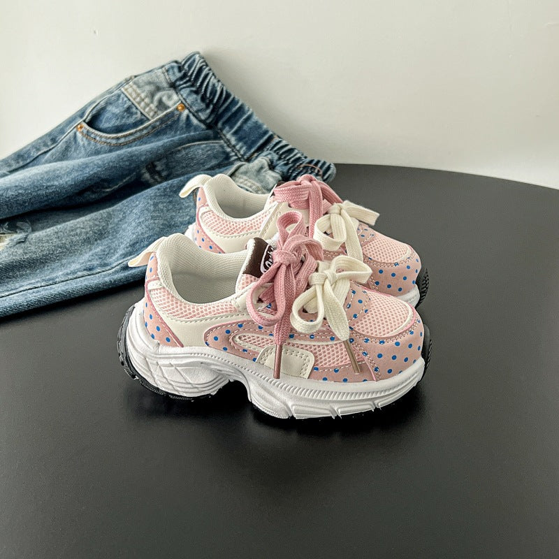 Korean-Style Polka Dot Kids’ Dad Sneakers Spring &amp; Autumn Breathable Mesh Sports Shoes for Girls, Baby Soft-Soled Casual Sneakers