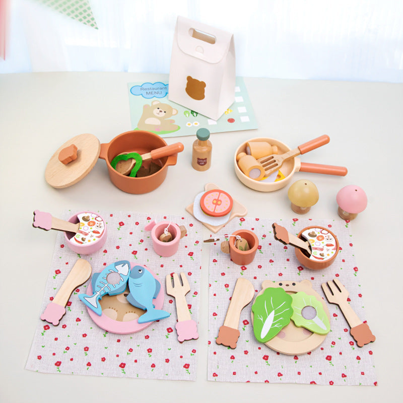 Kids Pretend Play Tea Set & Dessert Set, Role-Play Wooden Toys for Preschool Kindergarten, Imaginative Housekeeping Pretend Play