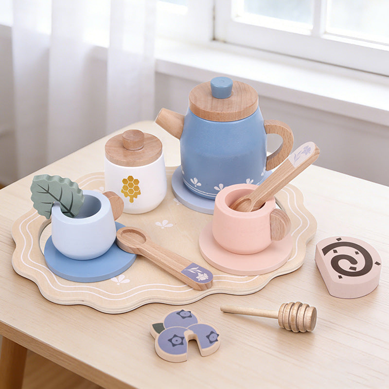 Kids Pretend Play Tea Set & Dessert Set, Role-Play Wooden Toys for Preschool Kindergarten, Imaginative Housekeeping Pretend Play