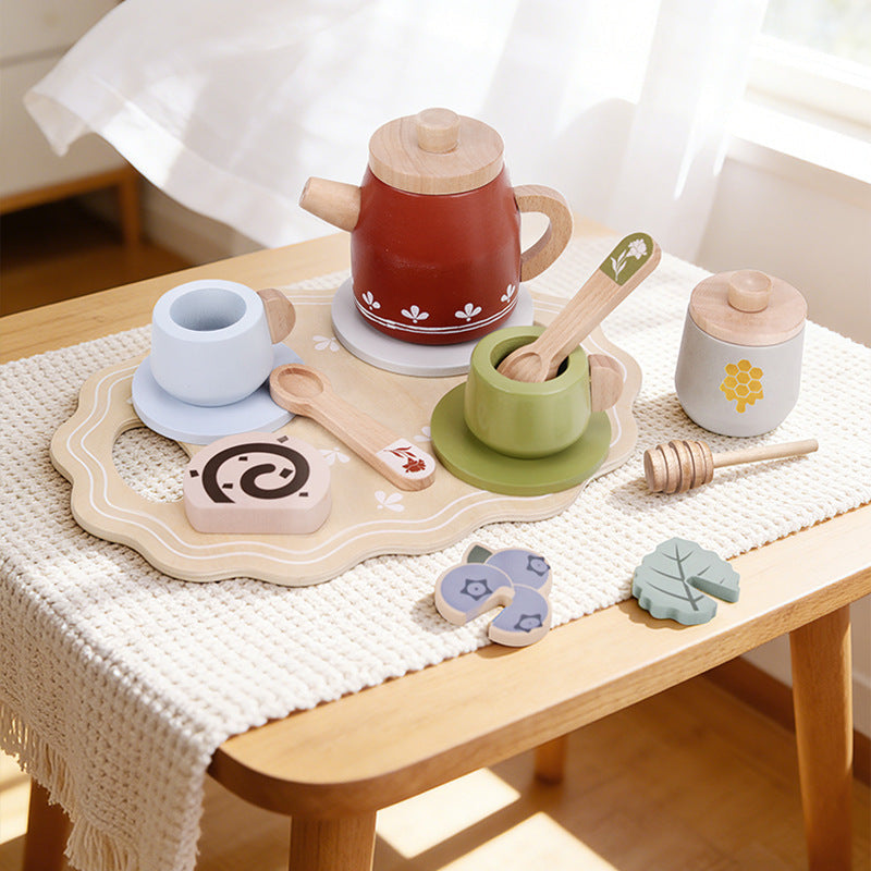 Kids Pretend Play Tea Set & Dessert Set, Role-Play Wooden Toys for Preschool Kindergarten, Imaginative Housekeeping Pretend Play