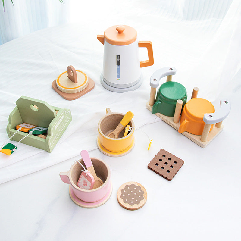 Kids Pretend Play Tea Set & Dessert Set, Role-Play Wooden Toys for Preschool Kindergarten, Imaginative Housekeeping Pretend Play