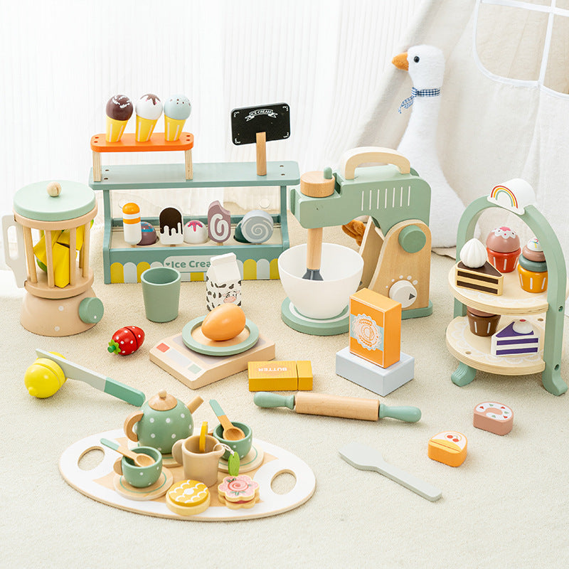 Kids Pretend Play Tea Set & Dessert Set, Role-Play Wooden Toys for Preschool Kindergarten, Imaginative Housekeeping Pretend Play