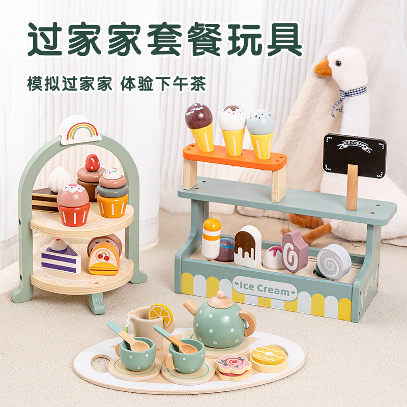 Kids Pretend Play Tea Set & Dessert Set, Role-Play Wooden Toys for Preschool Kindergarten, Imaginative Housekeeping Pretend Play