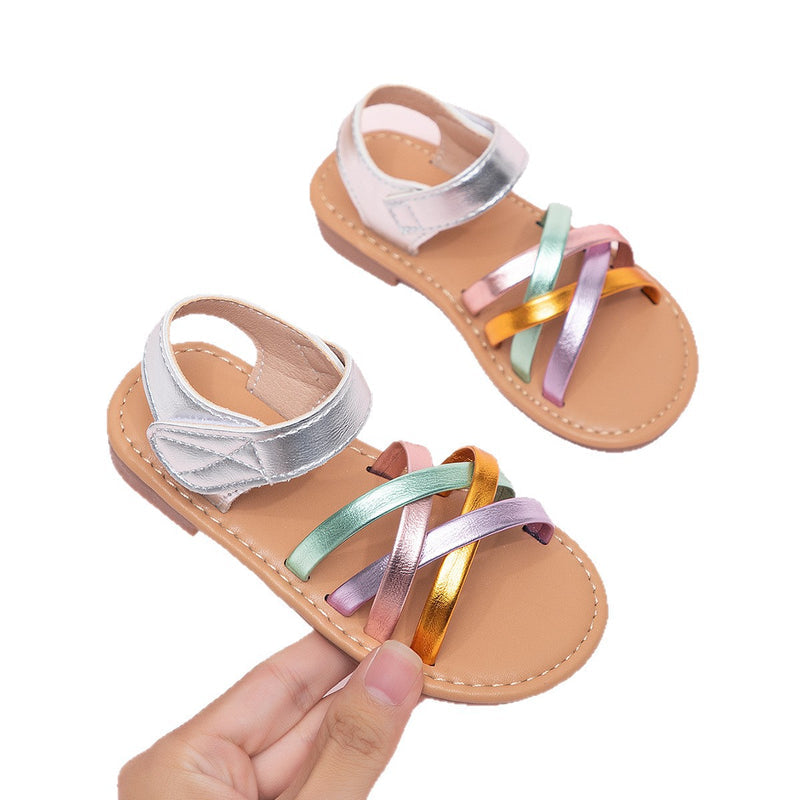 2026 Summer New Style French-Style Magic Tape Colorful Girls' Flat Princess Sandals with Soft Soles, Versatile Open-Toe Beach Sandals