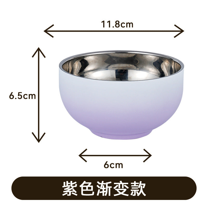 Hot gradient 304 stainless steel household rice bowl round bowl spoon anti-bowl adult heat insulation double-layer bowl chopsticks food grade