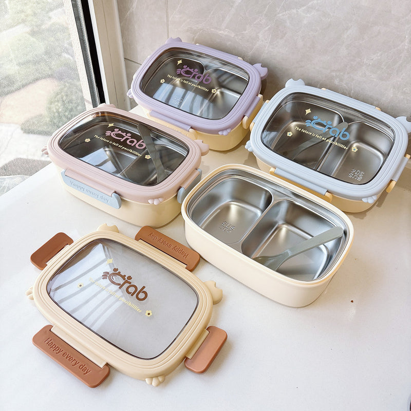304 Stainless Steel Meal Prep Bento Box with Dividers, Cute Student Lunch Box with Spoon, Office Lunch Container, Wholesale