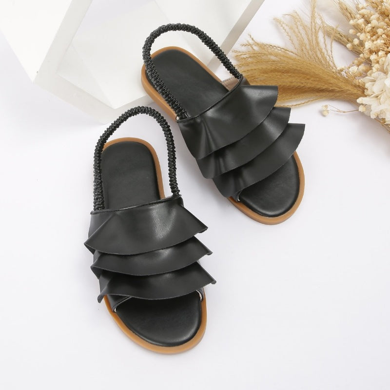 New Floral Ruffle Lace Girls Sandals for Export Gold Elastic Strap Beach Sandals Pleated Slip-On Princess Shoes