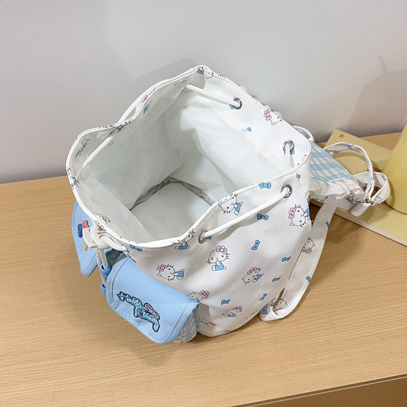 2026 New Water-Based Lace Double-Strap Backpack, Sweet Girly Cartoon Kawaii Light-Clean Blue Gingham Kitty Cat Backpack
