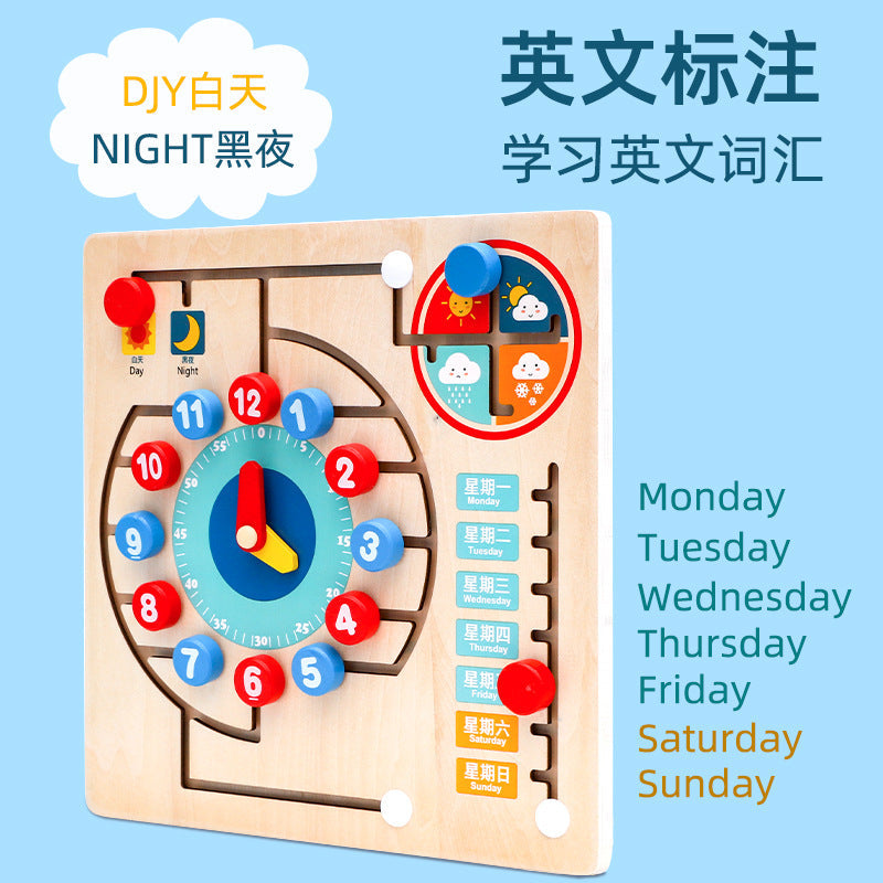 Early education wooden clock maze teaching aids calendar digital weather multi-function letter matching children's educational toys