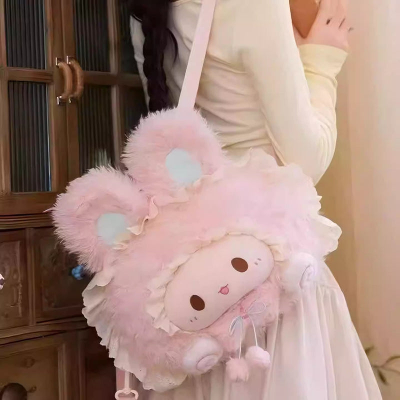 Pink Bunny Big-Face Plush Backpack, Cute Sweet Lace “Girl Heart” JK Style Oversized Head Backpack, Sweetheart Schoolbag Gift