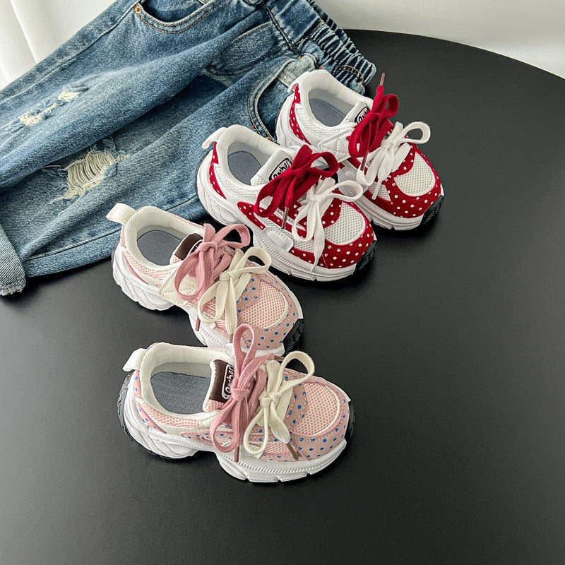 Korean-Style Polka Dot Kids’ Dad Sneakers Spring &amp; Autumn Breathable Mesh Sports Shoes for Girls, Baby Soft-Soled Casual Sneakers