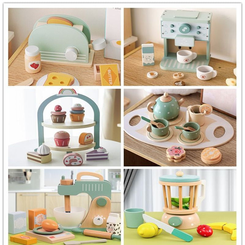 Kids Pretend Play Tea Set & Dessert Set, Role-Play Wooden Toys for Preschool Kindergarten, Imaginative Housekeeping Pretend Play