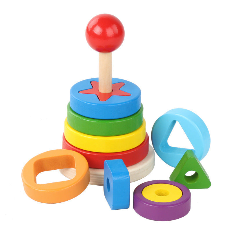 TikTok Same Wooden Rainbow Tower Set Stacked Music Building Blocks Children's Educational Shape Matching Set Tower Toy