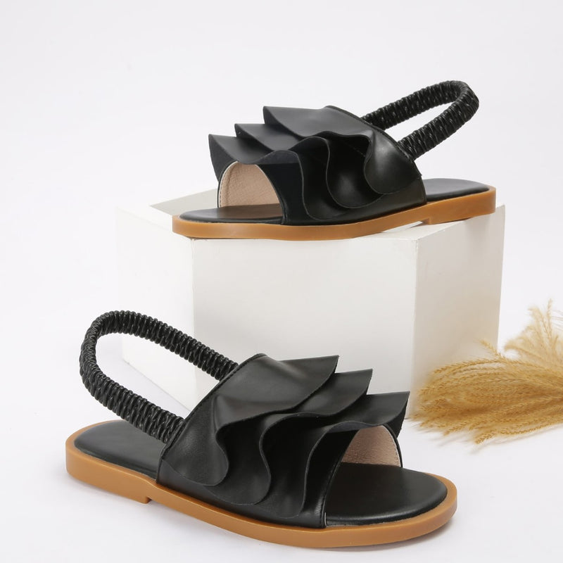 New Floral Ruffle Lace Girls Sandals for Export Gold Elastic Strap Beach Sandals Pleated Slip-On Princess Shoes