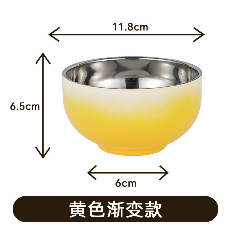 Hot gradient 304 stainless steel household rice bowl round bowl spoon anti-bowl adult heat insulation double-layer bowl chopsticks food grade