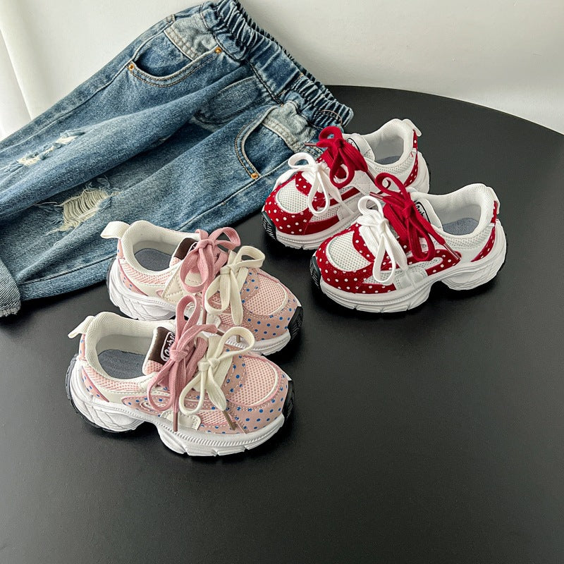 Korean-Style Polka Dot Kids’ Dad Sneakers Spring &amp; Autumn Breathable Mesh Sports Shoes for Girls, Baby Soft-Soled Casual Sneakers