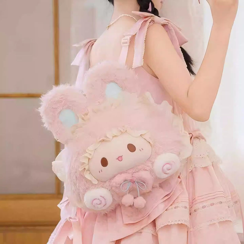 Pink Bunny Big-Face Plush Backpack, Cute Sweet Lace “Girl Heart” JK Style Oversized Head Backpack, Sweetheart Schoolbag Gift