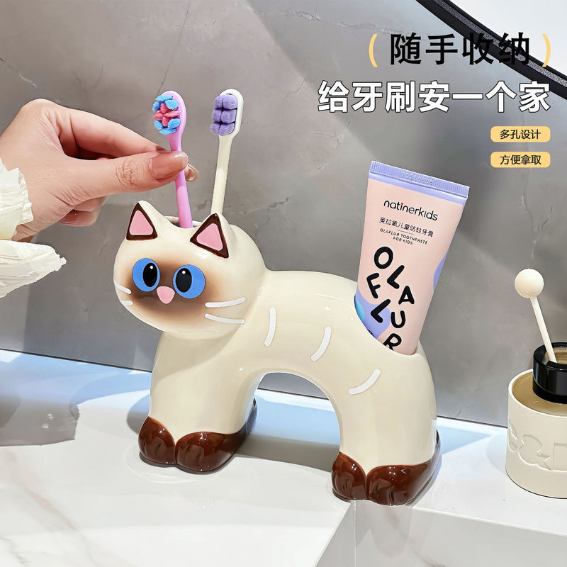 Ceramic Siamese Cat Toothbrush Holder for Home Use, High Aesthetic Toothbrush and Toothpaste Storage Rack for Bathroom Vanity