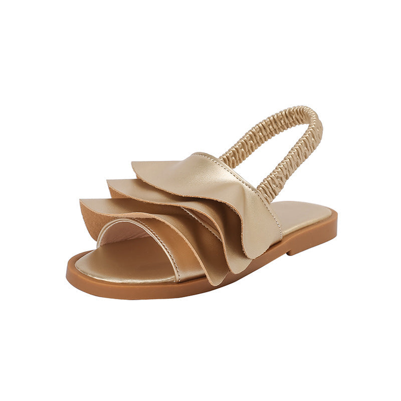 New Floral Ruffle Lace Girls Sandals for Export Gold Elastic Strap Beach Sandals Pleated Slip-On Princess Shoes