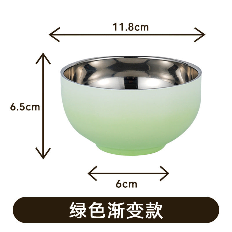 Hot gradient 304 stainless steel household rice bowl round bowl spoon anti-bowl adult heat insulation double-layer bowl chopsticks food grade