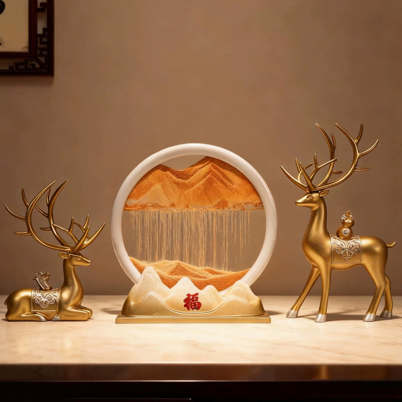 Wealth-Bringing Deer Sand Art Sandglass Flowing Display, Premium Home Decor for Living Room Wine Cabinet, Entryway & TV Console, New Home Gift