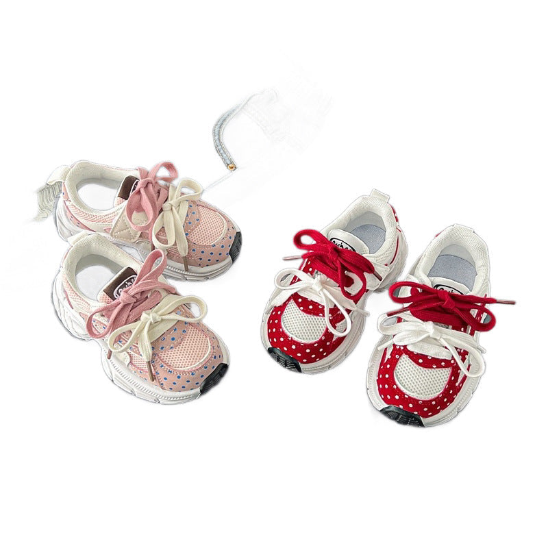 Korean-Style Polka Dot Kids’ Dad Sneakers Spring &amp; Autumn Breathable Mesh Sports Shoes for Girls, Baby Soft-Soled Casual Sneakers