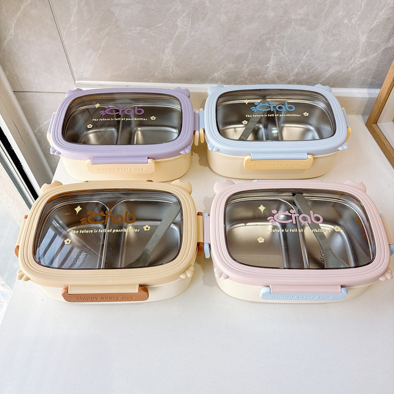 304 Stainless Steel Meal Prep Bento Box with Dividers, Cute Student Lunch Box with Spoon, Office Lunch Container, Wholesale