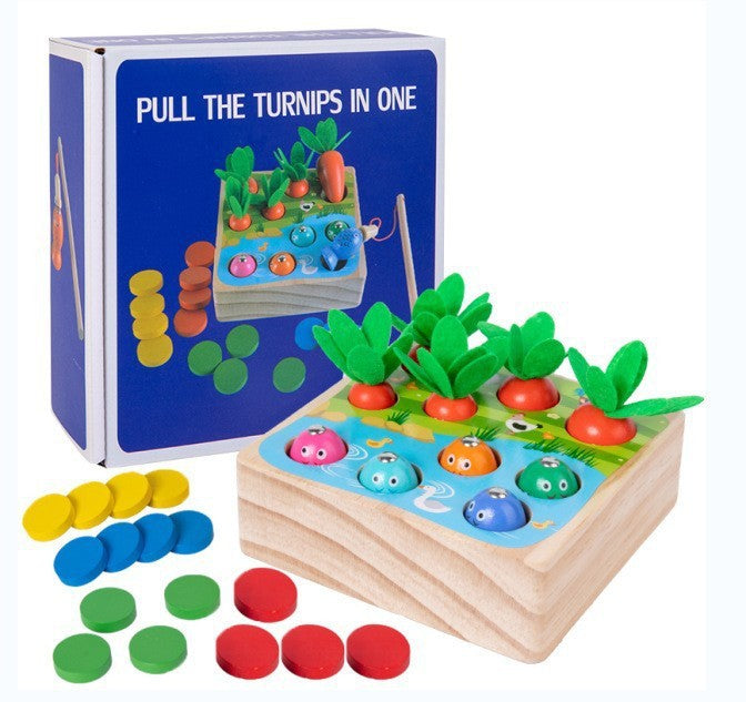 Children's simulation fishing insect-catching and radish-pulling multifunctional desktop game puzzle early education parent-child interactive wooden toy
