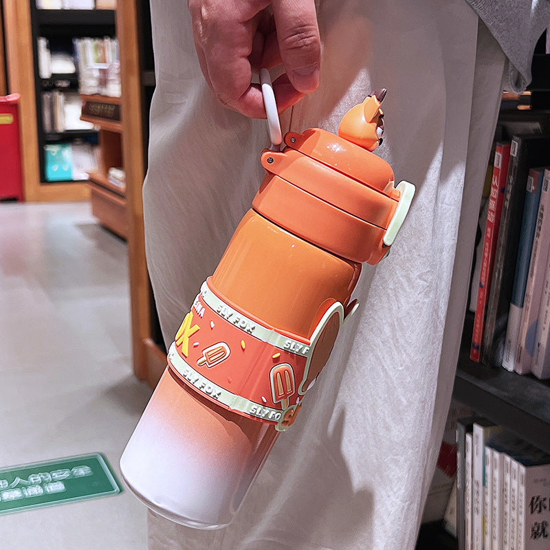 Nick Kidsren's Double-Drink Thermos Cup for Girls 316 Stainless Steel Portable Straw Cup for Primary School Students to Go to School Anti-Fall Water Kettle